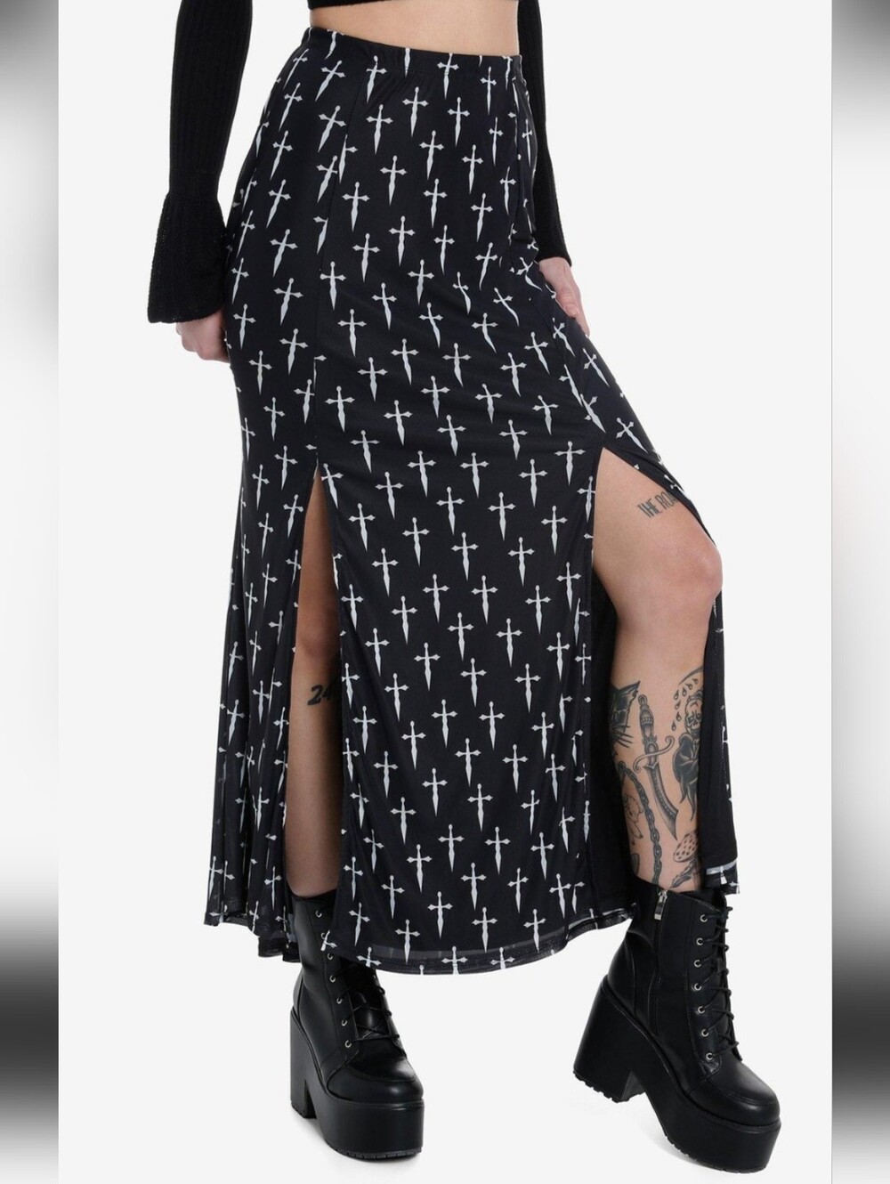 Social Collision Black White Dagger-Print Maxi Skirt with 2 Slits Goth Grunge Lg